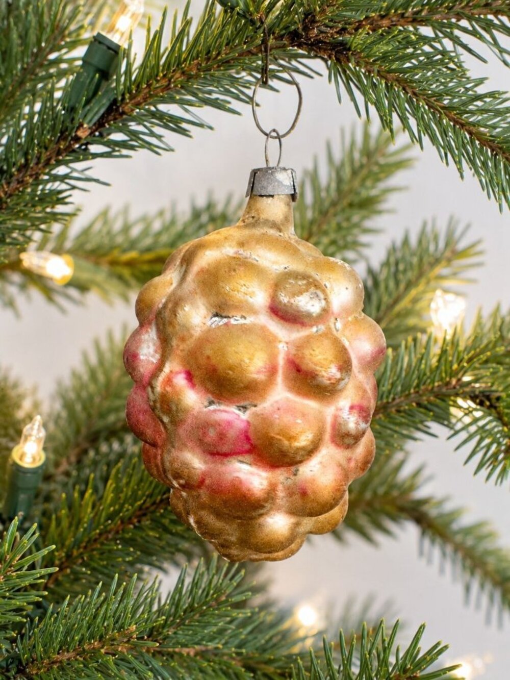 Antique German Mercury Glass Grape Cluster Ornament Gold Pink 2"
